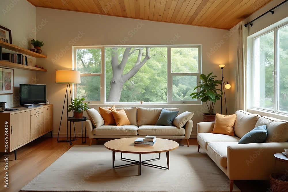 Fototapeta premium Neutral-toned Living Room with Round Coffee Table and Large Windows Framing a Lush Green Tree, Inviting Comfort and Natural Light 