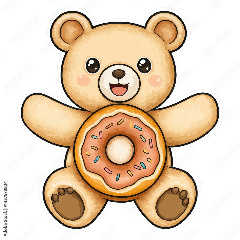 Cute teddy bear holding a donut, perfect for children's themes and playful designs.