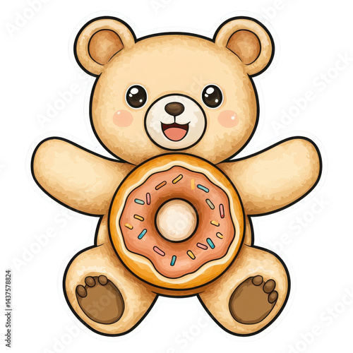 Obraz na płótnie Cute teddy bear holding a donut, perfect for children's themes and playful designs. w salonie