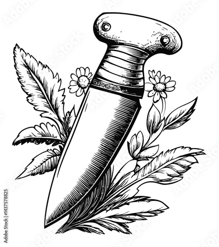 Detailed Engraving of a Knife Surrounded by Decorative Leaves