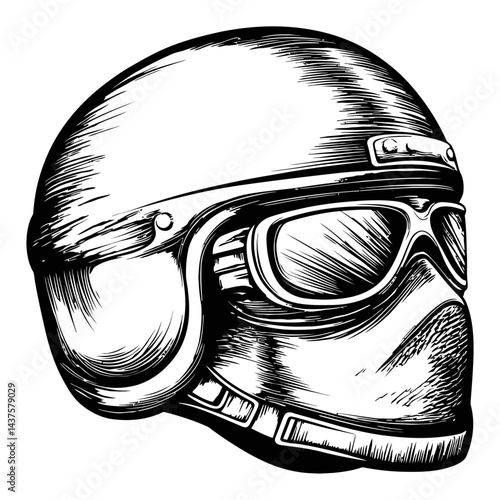 Vintage Engraving of a Motorcycle Helmet and Sunglasses Illustration