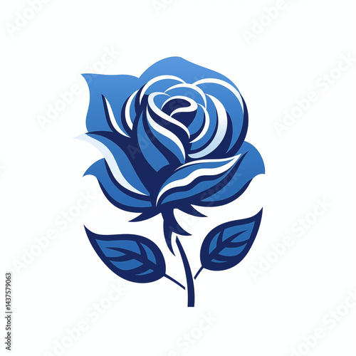 A stylized blue rose flower head and leaf turned into a small icon or label element, minimal and modern.