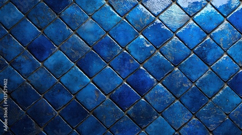 Shiny blue ceramic tiles arranged in a diagonal pattern create a vibrant, textured surface.