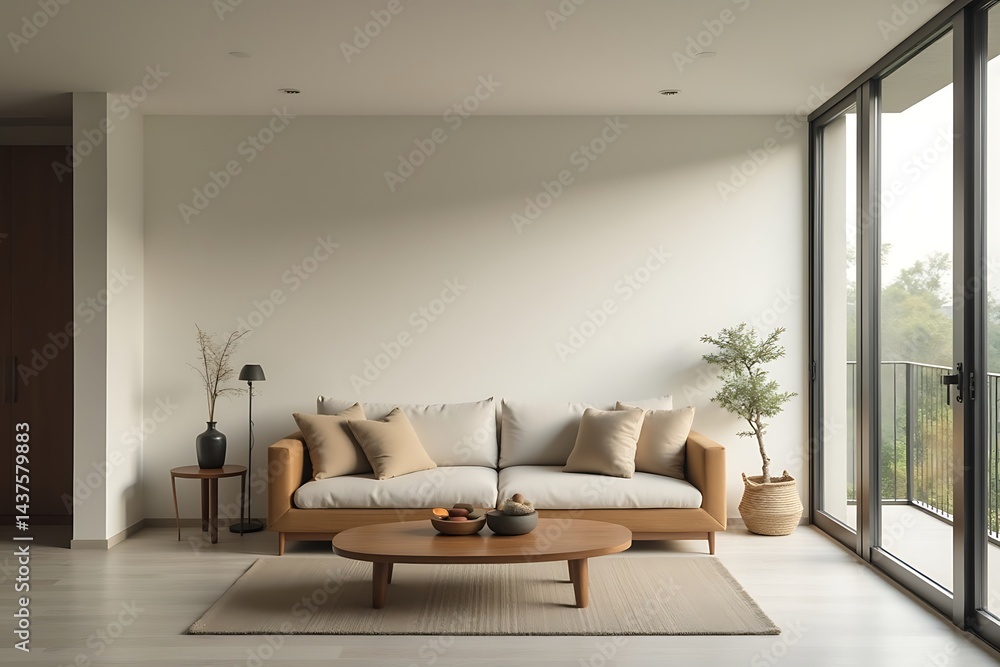 Cozy Living Room Interior: Minimalist Sofa, Round Coffee Table, and Abundant Natural Light from Large Windows, Creating a Serene Home Space. Cozy Living Room Interior: Minimalist Sofa, Round Coffee Table, and Abundant Natural Light from Large Windows, Creating a Serene Home Space.