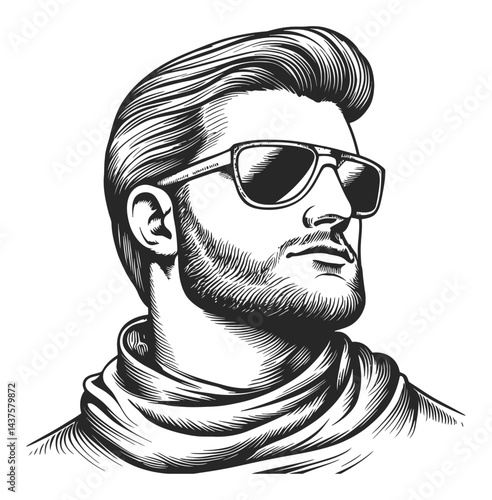Stylish Young Man with Sunglasses in Engraved Illustration Style