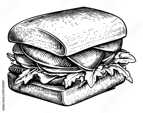 Detailed Black and White Engraving of a Delicious Sandwich