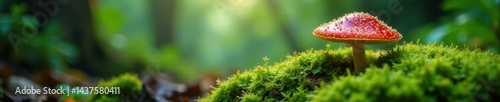 Moss-covered rainforest floor, vibrant mushroom emerging, jungle, damp