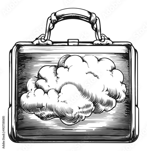 Vintage Engraving of Briefcase with Whimsical Cloud Illustration