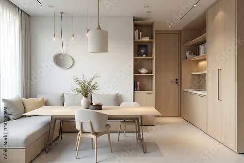 Wallpaper Mural Modern Dining Area: Table Setting with Neutral Tones, Natural Light, and Contemporary Design features                                                  Torontodigital.ca