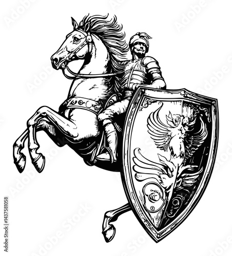Engraving of Knight on Horseback with Shield and Heraldic Design