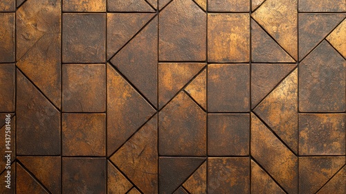 Geometric, metallic tiles form a textured, industrial wall with a bronze and rustic finish.