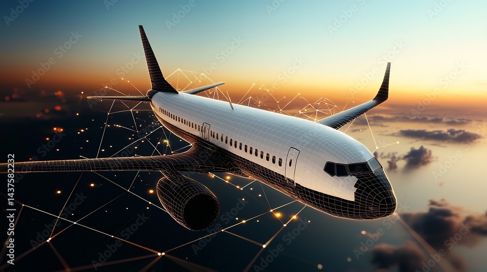 Fototapeta premium Airplane Flight Above City Dusk