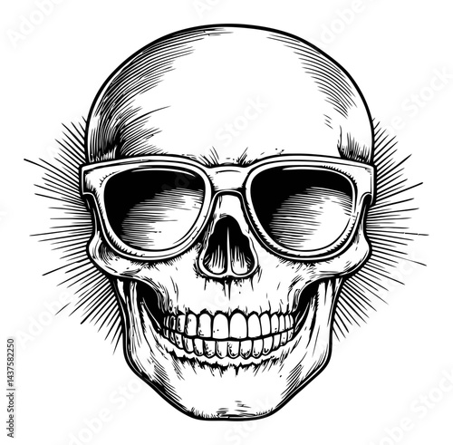 Vintage Engraving of a Skull Wearing Sunglasses in Black and White