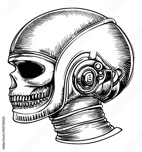 Intricate Engraving of a Skull in a Futuristic Helmet Design
