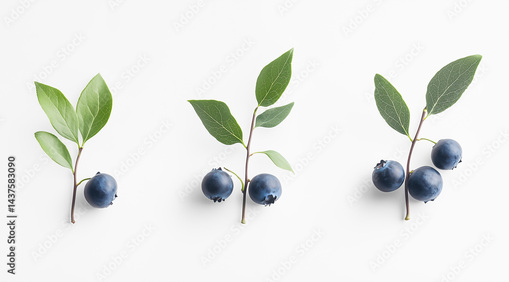 Fresh blueberries arranged artistically with vibrant green leaves on a clean white background. Fresh blueberries arranged artistically with vibrant green leaves on a clean white background.