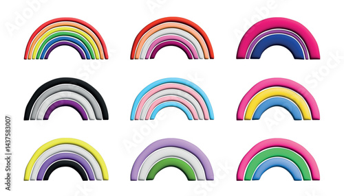 Set of colorful 3d LGBTQ+ pride flag rainbows Gender equality and sexual identity pride flags collection LGBTQIA community pride month