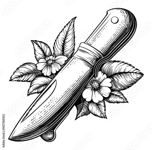 Engraved Knife with Floral Design and Detailed Illustration Artwork