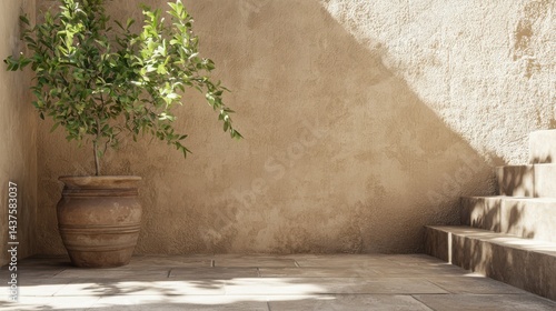 A potted plant sits by stone steps in a sunlit, minimalist courtyard with textured beige walls.