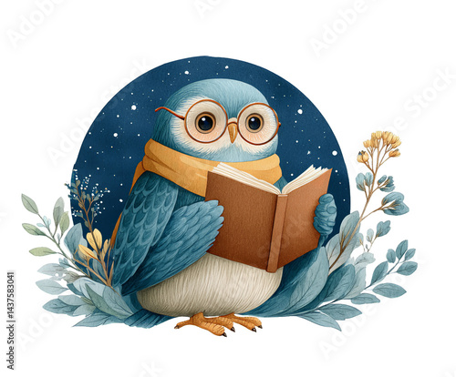 A charming, blue owl wearing glasses reads a book amid delicate leaves, embodying curiosity and wisdom in a whimsical, enchanting illustration.