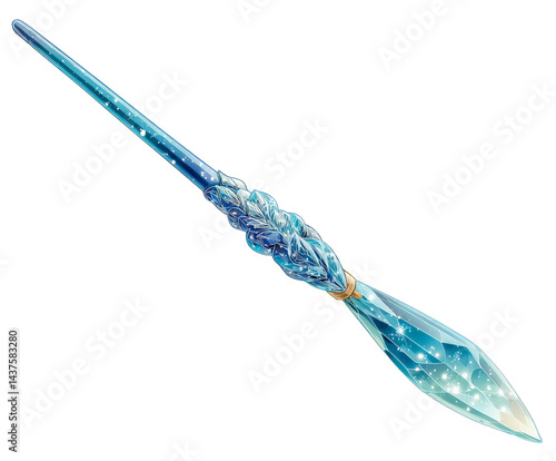 A stunning, ethereal blue wand crafted with intricate details and shimmering effects, perfect for fantasy themes and creative projects.