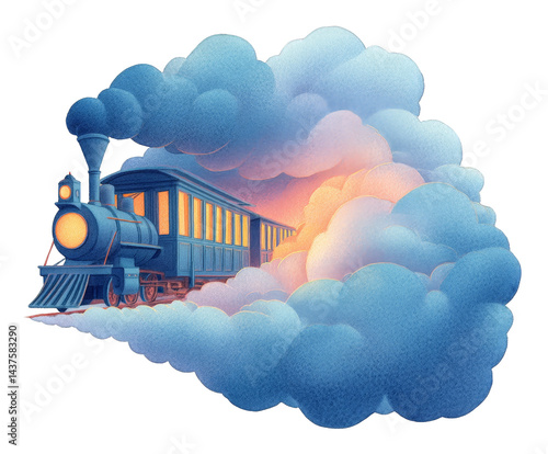A beautifully illustrated vintage train emerging from colorful clouds, symbolizing adventure and travel. Perfect for themes of exploration and nostalgia.