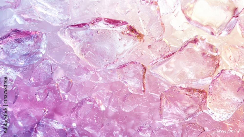 A under 200 characters: Translucent ice cubes with a pink and purple gradient background, creating a refreshing and vibrant abstract effect.