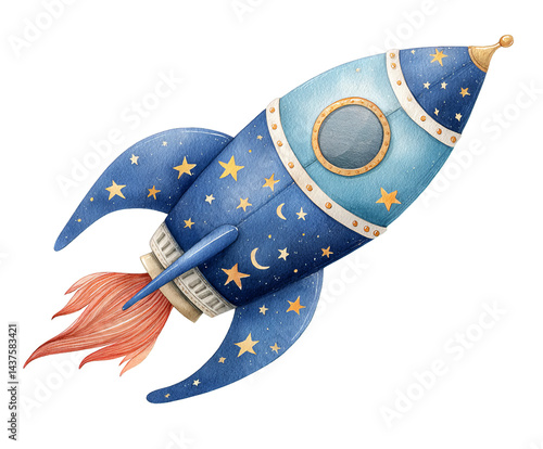 A whimsical blue rocket ship adorned with stars and a fiery tail, symbolizing exploration and adventure in outer space.