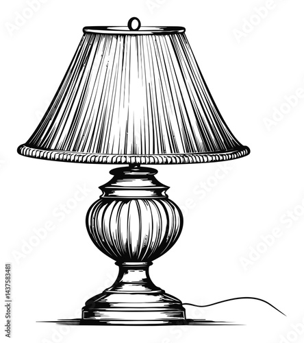 Elegant Engraving of a Classic Table Lamp with Pleated Shade