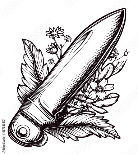 Detailed Engraving of a Knife Surrounded by Botanical Elements