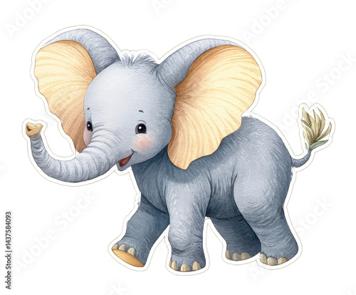 A charming illustration of a playful baby elephant with large ears and a cheerful expression, perfect for children's books and educational materials.