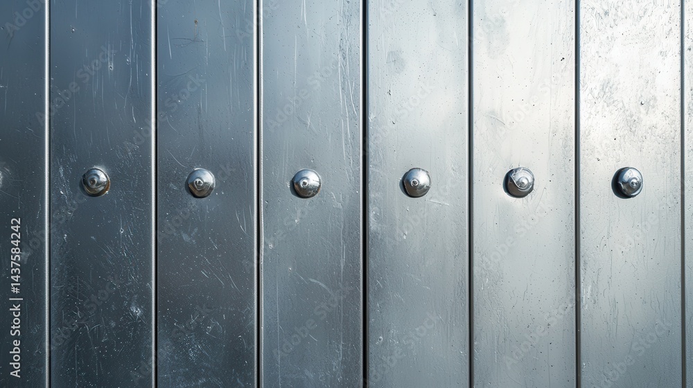 Shiny metallic panels with bolts arranged in a row create an industrial and modern texture. Shiny metallic panels with bolts arranged in a row create an industrial and modern texture.