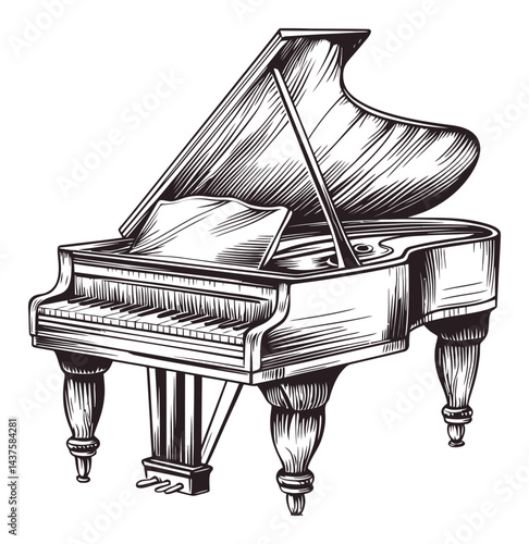 Detailed Engraving of a Grand Piano with Open Lid and Elegant Design