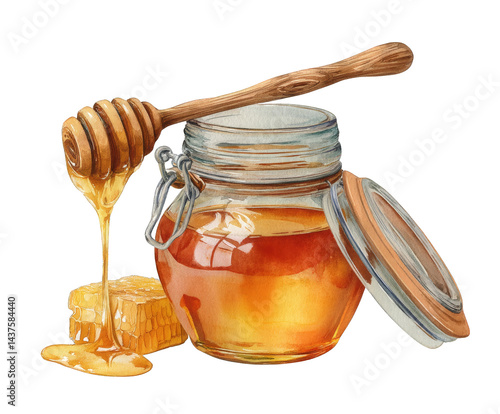 A jar of golden honey with a wooden dipper, glistening with sweetness. Perfect for culinary use, health benefits, or natural remedies.