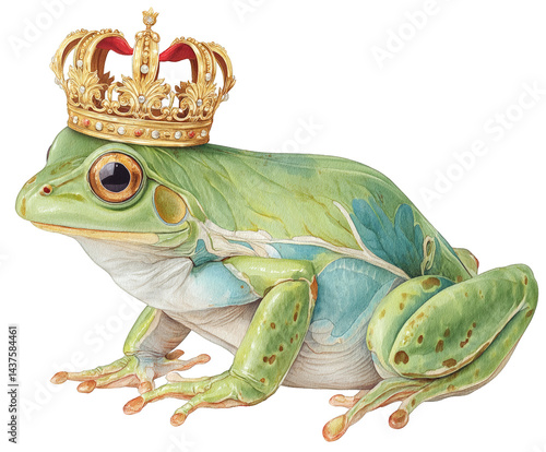 A whimsical frog wearing a golden crown, embodying a playful and royal spirit. Perfect for illustrations in children's books or creative projects.