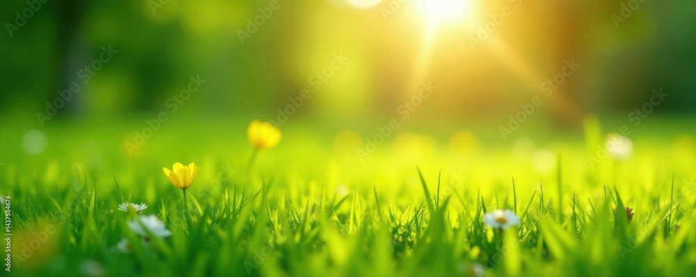 Sun-drenched meadow, vibrant green grass, softly blurred background , blue, scenic, fresh Sun-drenched meadow, vibrant green grass, softly blurred background , blue, scenic, fresh