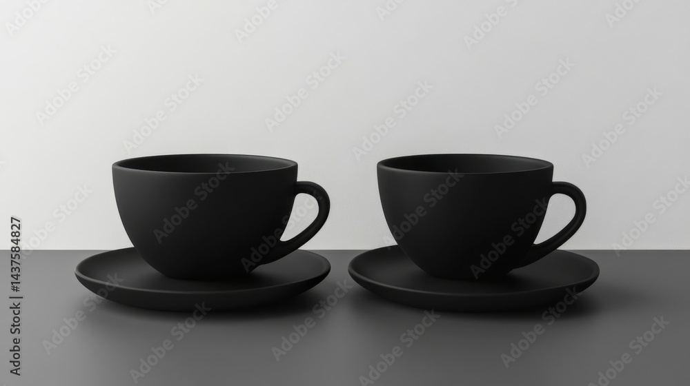 Two Black Teacups and Saucers on Dark Grey Surface Two Black Teacups and Saucers on Dark Grey Surface