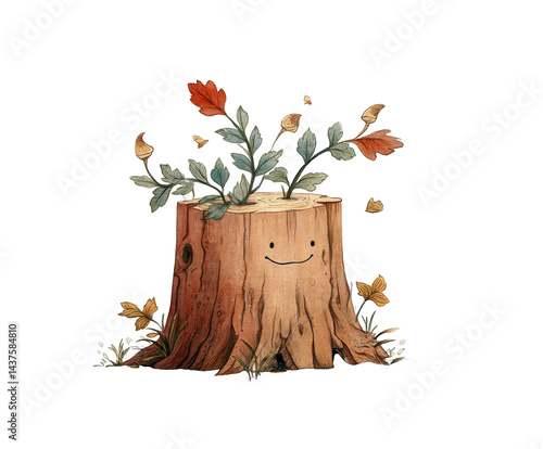 A whimsical illustration of a happy tree stump featuring vibrant foliage and delicate flowers, symbolizing nature's resilience and beauty.