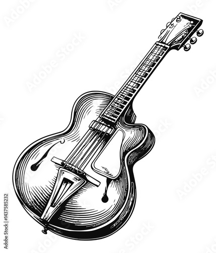 Detailed Engraving Illustration of a Unique Vintage Guitar Design