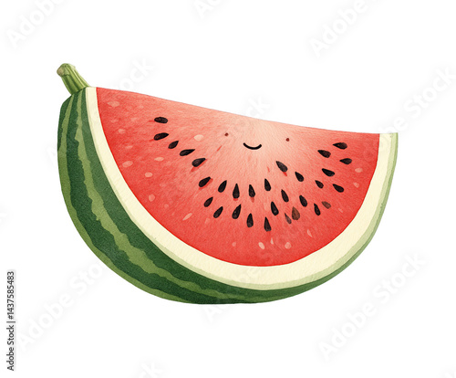 Fresh, vibrant watermelon slice with a smiling face, ideal for summer-themed designs, food illustrations, and playful graphics.