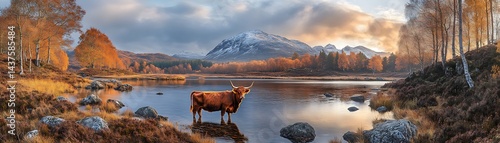 Highland Cow stands in tranquil loch, Autumn colors, snow-capped peaks back, travel