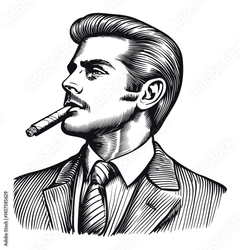 Vintage Engraving of a Stylish Man with a Cigar and Suit