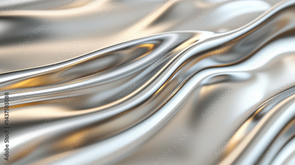 Smooth, metallic waves create an abstract, reflective surface with flowing silver and gold tones. Smooth, metallic waves create an abstract, reflective surface with flowing silver and gold tones.