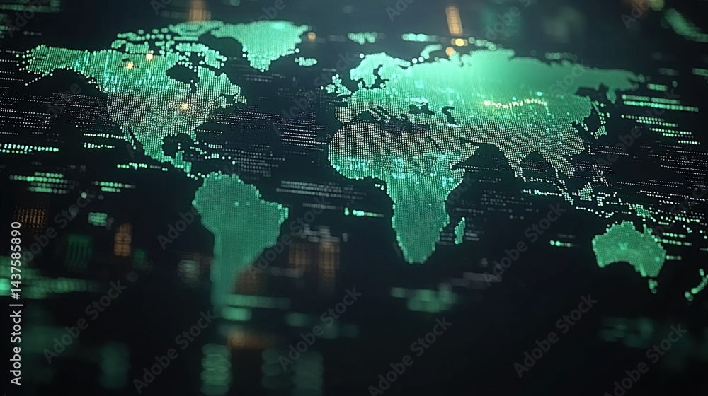 Obraz premium A digital world map with a dark background, composed of cyan pixels, surrounded by data charts and statistical graphics, showcasing global data analysis and a technological vibe.
