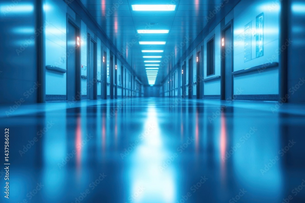 The Endless, Explore a Blue Lit Hallway in a Hospital or Office Building The Endless, Explore a Blue Lit Hallway in a Hospital or Office Building