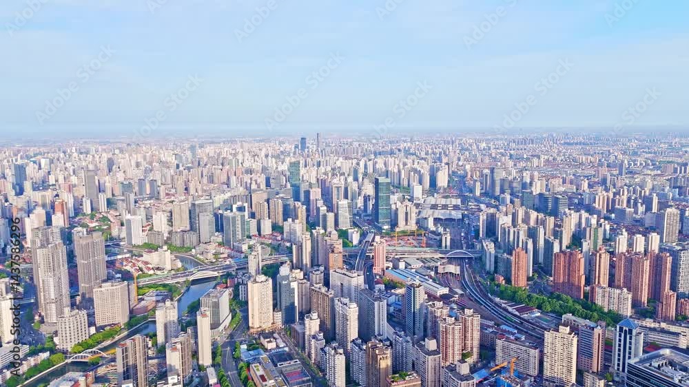 custom made wallpaper toronto digital4K real time aerial view of Shanghai skyscrapers and residential buildings in the Bund at sunrise.