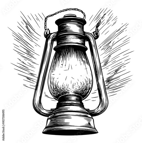 Vintage Lantern Engraving with Radiating Light in Black and White