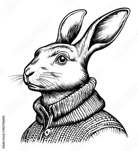 Detailed Black and White Engraving of a Rabbit in a Sweater