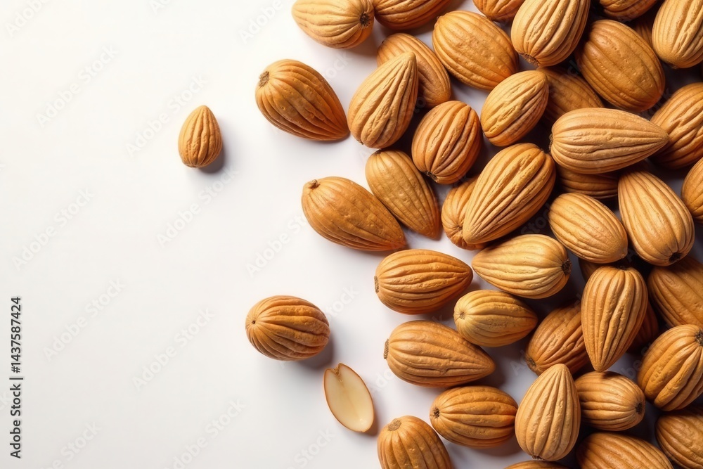 Whole almonds arranged neatly, clean background, simple, isolated, studio shot Whole almonds arranged neatly, clean background, simple, isolated, studio shot