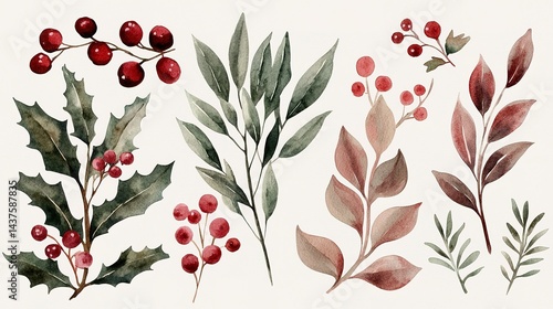 Christmas watercolor elements featuring holly and berries seasonal decor vibrant nature artistic collection