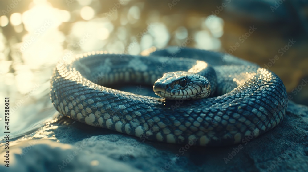 Serpentine reptile coiled on a rock, bathed in sunlight. Serpentine reptile coiled on a rock, bathed in sunlight.